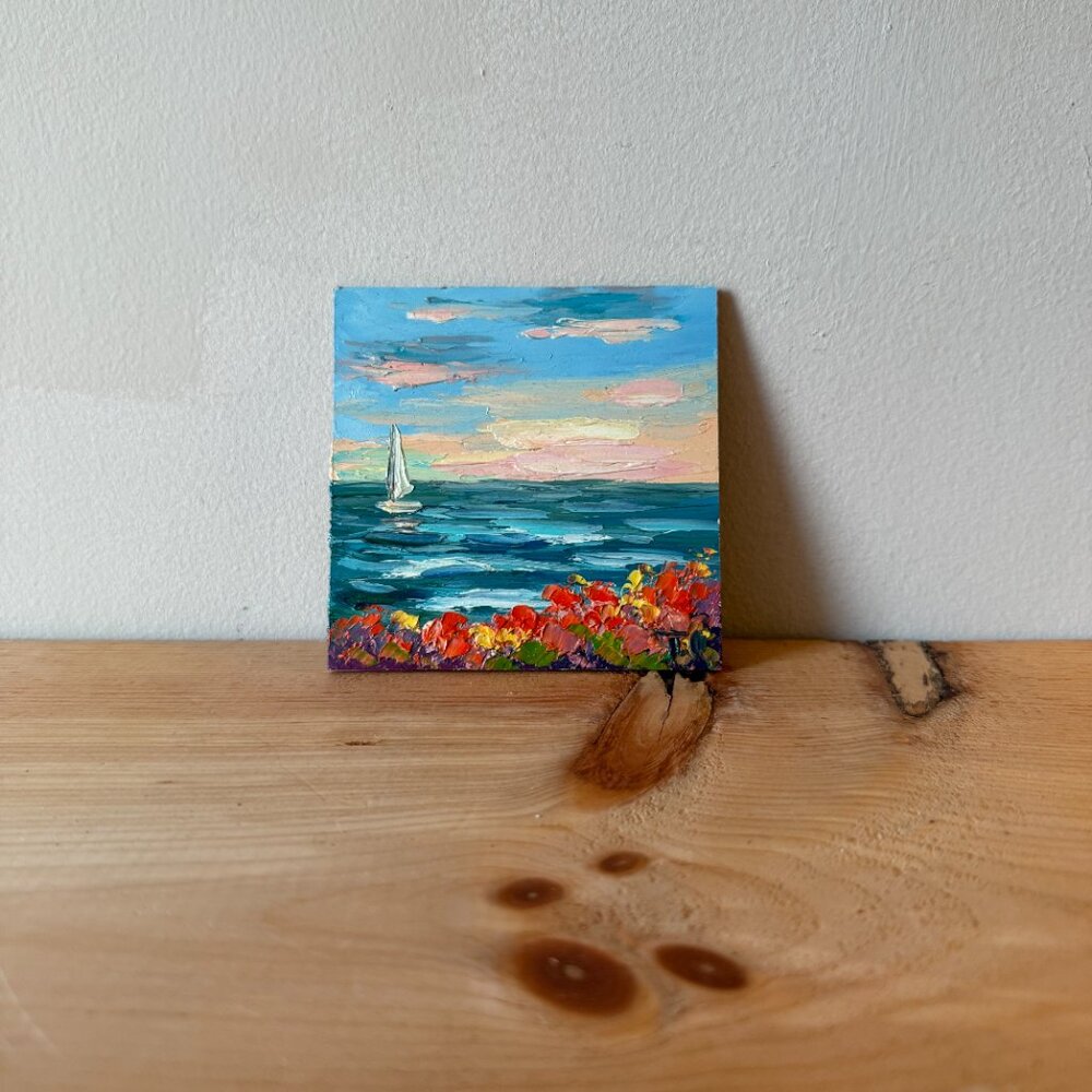 Seascape Sailboat and Beach Original Oil Painting on Board